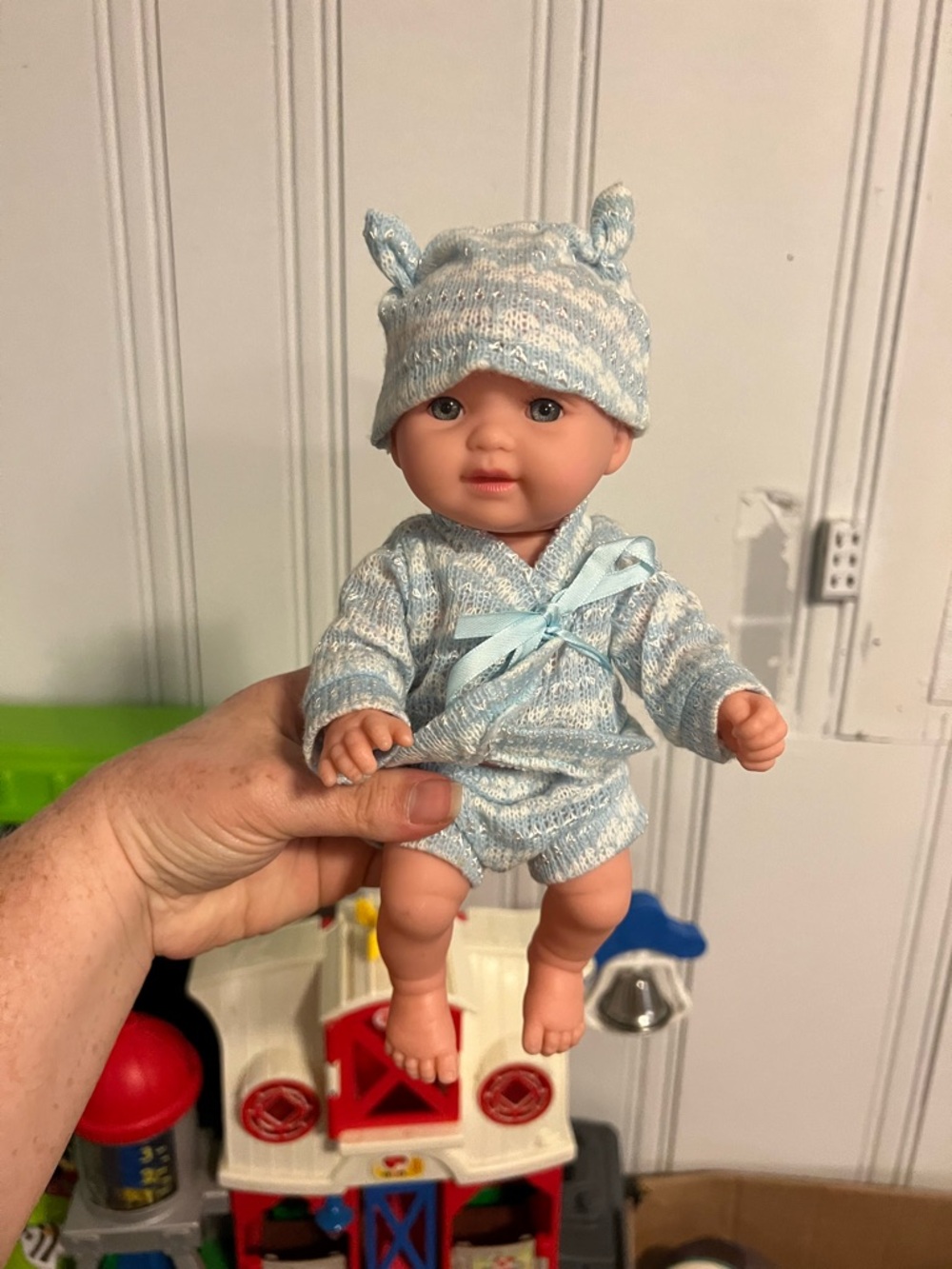 Soft Infant Doll in Light Blue Knit Outfit with Matching Hat
